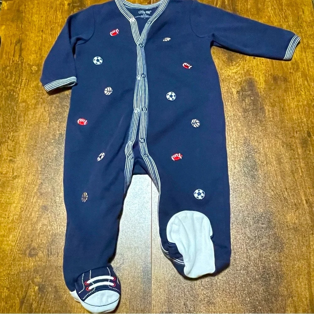 Little Me 6 M Baby Boy Navy Blue Sports- Themed Onesie Footed Cotton Sleeper